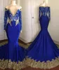 2018 New Royal Blue Long Sleeve Mermaid Evening Dresses Off the Shoulder Lace Appliques Court Train Prom Gowns