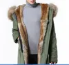 Moda mujer chaquetas cálidas adorno de piel de mapache marrón MEIFENG forro de piel de conejo caqui lona verde militar parkas largas