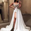 Biały Split Sexy 2018 Prom Dresses Atrakcyjne Spaghetti Sweetheart Aplikacja Bez Rękawów Prom Dress Stylowy Sweep Pociąg Dubai Suknia