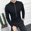 コントラスト配管スタンドカラーシャツ長袖ソリッドデザイナーマダリンカラースリムフィットCamisa Social Masculina Camicie Uomo