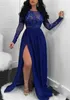 Sexy Sheer Plus Size Azul Lantejoulas Divisão Vestidos de Noite Oco Árabe Vestidos De Festa Vestido De Festa de Formatura Formal Pageant Celebridade Vestidos