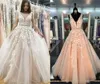 Ball Gown Real Prom Dresses V Neck Sheer Straps Appliqued Lace Tulle Floor Length Backless Blush Pink Formal Evening Party Gowns DH4096