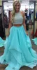 Ice Blue Ruffles Long Two Piece Prom Dresses Sexy Beaded Graduation Party Dresses Open Back Evening Formal Gowns for Teen Girls