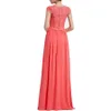 Mode Enkel Lace Coral Evening Klänningar Billiga Chiffon Cap Sleeves Long Prom Klänningar 2020 Kvinnor Party Gowns Online Formell Kappa