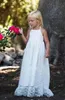 Cheap Ivory Simple Flower Girls For Weddings Jewel Halter Neck Sleeveless Lace Applique Girl's Pageant Dresses Birthday Gown