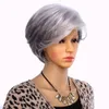 Korta lockiga peruker för gamla kvinnor vitt grått ombre hår med lugg syntetiskt hår full peruk cosplay73456011678764
