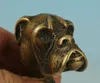 Cabeza de caña de estatua de perro tallada a mano de bronce antiguo chino