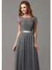 Grey Long Modest Bridesmaid Dresses With Cap Sleeves Lace Tulle Short Sleeves Sheer Neckline Formal Wedding Party Dress Real