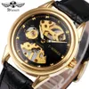 WINNER Urban Modern Style Men Golden Mechanical Watch Skeleton Dial Leather Strap Luminous Hand Chic T-WINNER Wrist Watch