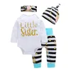 Newborn Baby Girls Clothes Sets Little Sister Long Sleeve Romper+Striped Long Pants+Hat+Headband 4Pcs Sets Toddler Clothing Outfits