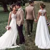 Illusion Top Lace Cheap Country Wedding Dresses With Cap Short Sleeve Sheer Back Lace Corset Vintage Bohemian Bridal Gowns Chiffon Beach