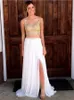 White Gold Two Piece Evening Dresses 2018 V Neck Spaghetti Straps Lace Chiffon Beading Split Long Prom Dresses Sweep Train