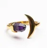 Fashion Gold Color Natural Stone Amethyst Ring Hexagonal Prism Moon Ring för Kvinnor Smycken