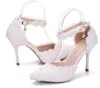 Элегантные кружева жемчуг свадебные свадебные туфли для невесты цветы дизайнер сандалии 9 см высокие каблуки острым носом белый розовый Бесплатная доставка высокое качество