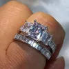 Victoria Wieck Choucong zupełnie nowa para 2pc Pierścienie luksusowa biżuteria 925 srebrna srebrna trzy kamienna księżniczka cięta cZ Diamond Topaz W2917