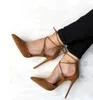 2018 New year spring summer women chic red black suede leather high heel pumps pointed toe stiletto heel cross strap lace up shoes