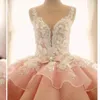 Charming Pink Ball Gown Wedding Dresses Spaghetti Strap Lace Appliqued Bridal Gowns Ruffles Long Train Robe De Mariee