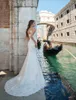 Modest sjöjungfru bröllopsklänningar med rodnad Avtagbar tåg Lace Appliqued Boho Bridal Gowns Sexig Sheer Neck Vestido de Novia