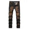 Calças de brim masculinas vendas quentes masculino motociclista jeans alta qulaity zíper designer impresso quebrado tamanho grande calças retas streetwear