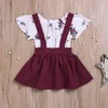 Puseky Infant Baby Kids Ruffles Short Sleeve Cotton Floral Tops Romper Suspender Dress Overalls Outfits Newborn Girls Cloth Set