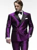 New Fashion Double-Breasted Purple Satin Groom Tuxedos Groomsmen Peak Lapel Man Blazer Mens Wedding Suits Jacket Pants Tie 283R