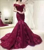 2020 Mermaid Evening Dresses Burgundy Off Shoulder Cap Sleeve Lace Appliques Beaded Prom Gowns Plus Size Formell Party Dress
