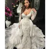 Sexy Fashion Mermaid Wedding Dress With Tiered Overskirt Deep V-Neck Long Sleeves Lace Applique Bridal Dress Glamorous Saudi Wedding Gown