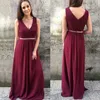 Elegant Burgundy Bridesmaid Dresses V Neck Pleated Chiffon Floor Length Maid Of Honor Crystal Sash Wedding Guest Dresses Zipper Up