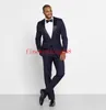 Navy Blue Peak Lapel One Button Black brothers Wedding Groom Tuxedos Men Suits Wedding Prom Dinner Best Man Blazer(Jacket+Tie+Girdle+Pants)