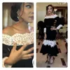 Chic Black Mermaid Prom Dresses White Lace Applique Long Sleeve Ankle Length Party Dress Sexy Off Shoulder Prom Gown Women Cocktail Dresses