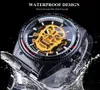 Forsining Steampunk Golden Luminous Skull Nero Acciaio inossidabile Scheletro Open Work Orologi automatici da uomo Orologio di marca superiore2638