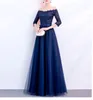 Elegante abito da sera blu navy senza spalline mezze maniche pieghe tulle pizzo abiti da ballo abiti da sera con cerniera sul retro abiti da sera taglie forti