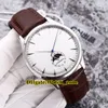 Novo mestre ultra fino 1368420 fase da lua mostrador branco automático relógio masculino prata caso pulseira de couro barato masculino relógios de pulso258r