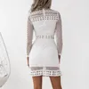 Summer Hollow out white lace dress women Turtleneck long sleeve Sexy Mini dress short beach female vestidos 20181