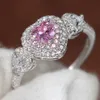 Kalp şekli vaat yüzüğü% 100 gerçek soild 925 Sterling Gümüş Takı Pembe Sapphire CZ Diamond Nişan WO208Y için Düğün Band