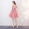 2019 Tulle Rose Une Ligne Longueur Au Genou Robes De Soirée Dentelle Applique Top Bow Sash Courte Robe De Cocktail De Soirée De Bal Avec Lacets Dos CPS1125