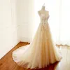 Fairy Champagne Bröllopsklänningar Boll Gown Sweep Train Pleats Tulle Elfenben Floral Applique Med Sequins Pärlor Lace-Up Back Wedding Dress