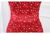 Elegant tjejklänning o nacken öppen baksida sjöjungfrun accentuerad bling pärla röd tyll lång fest formella aftonklänningar för kvinnor prom klänning