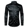 Złota gładka jedwabna satynowa sukienka Mężczyźni Slim Fit Long Rleeve Chemise Homme Casual Wedding Club Party PROM TUXEDO SHIRT Mężczyzna S-2XL223y