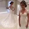 Sem costas decote em v manga curta pérolas contas vestidos de casamento feito sob encomenda rendas bordados apliques sereia vestidos de noiva