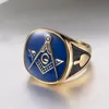 Nowy pierścionek masoński złoty kolor stalowy stal nierdzewna duża pierścień dla mężczyzn Blue Enamel Gift for Brother Friends292s
