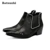 Botas Hombre 6,5 cm Heel Western Boots Mężczyźni Szpiczasty Toe Black Leather Botki Z Kryształami Męskie Dress Sukienka Buty, Duży Rozmiar US12-EU46