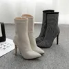 Sparkly Rhinestones Designer Women Boots 11 cm Stiletto Heels Pekade Toe Skor Mid-Calf Boot Beaded Plus Size Bröllop Bottes
