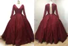 Sparkly Sequined Ball Gown Dresses Dark Red V Neck Evening Prom Dress med långa ärmar dragkedja tillbaka Inget tåg formell quinceanera klänning