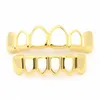 Hip-Hop Four Hollow Open Face Gold Mouth Teeth Grills Caps Top & Bottom Grill Set Halloween Christmas Gift