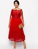 2018 Cheap Red Mother of the Bride Dresses Off Shoulder Long Sleeves Lace Appliques Tea Length Plus Size Party Dress Wedding Guest Gowns