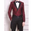 Mode burgundy tailcoat män bröllop tuxedos dubbel-breasted center ventil brudgum tuxedos män formell middag prom kostym (jacka + byxor + slips + girdle)