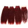 Kinky Curly Virgin Peruvian Burgundy Red Bundles de cheveux humains avec fermeture à lacet 4x4 Curly # 99J Vin Rouge Tissage de cheveux Doublw Trames avec fermeture