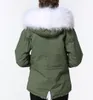 Bandiera della Francia Perline giacche di pelliccia da donna rifiniture in pelliccia di procione bianca fodera in pelliccia di coniglio bianco mini parka ricamati in tela verde militare