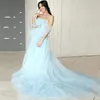 Elegant 2018 moderskap gravid kväll klänningar klänning fotografi strapless a line court train light sky blue tulle maternity kvinnor prom klänning